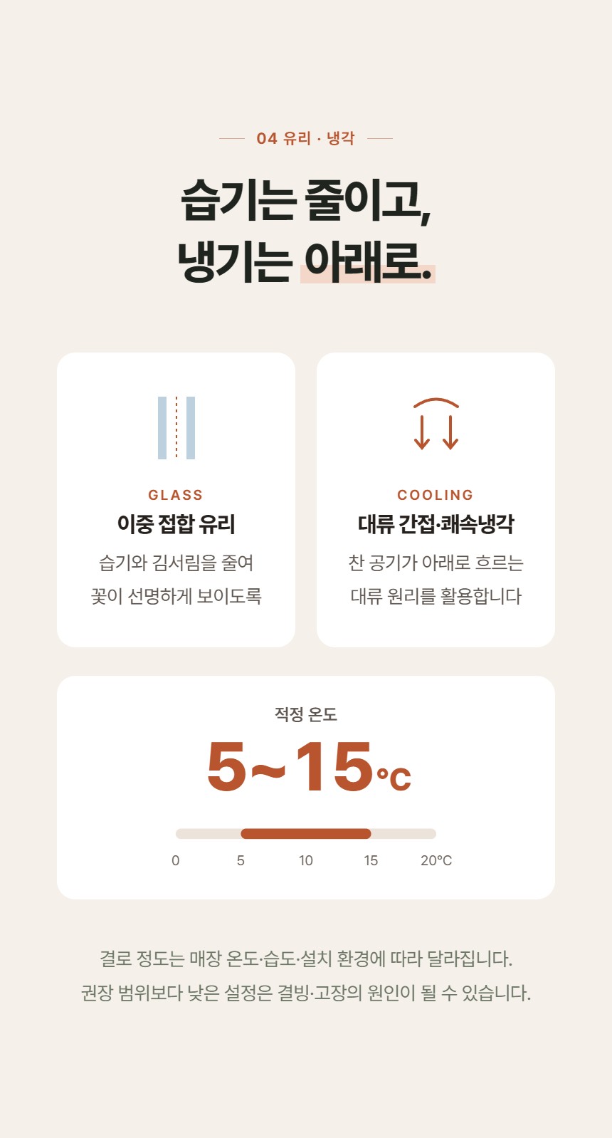 루메 꽃 쇼케이스 미니 앞문형 상세정보 - 이중 접합 유리와 대류 냉각