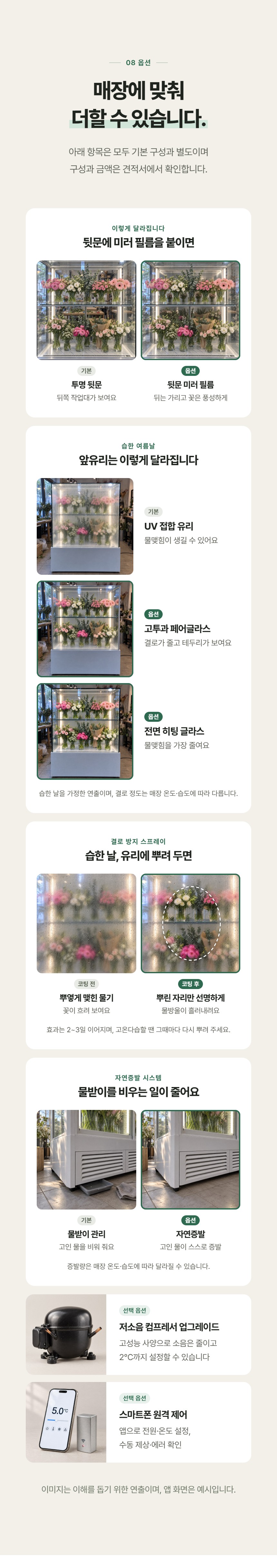 루메 꽃 쇼케이스 개방형 상세정보 - 선택 옵션 비교